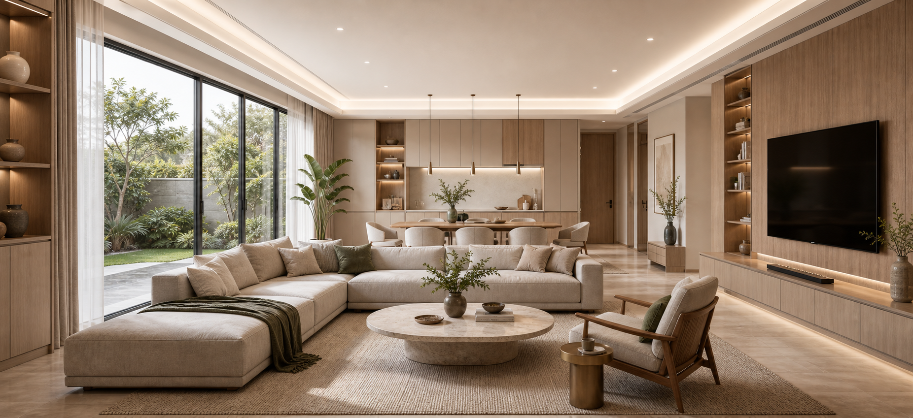 Warm modern living room showcasing VORA interior material finishes